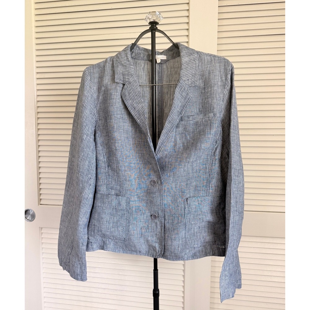 Eileen Fisher Blue White Pinstripe Linen Blazer Jacket Size L Notch Lapel